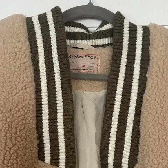 Free People - Tan Sherpa Jacket with Striped Trim - Picture 3 of 5